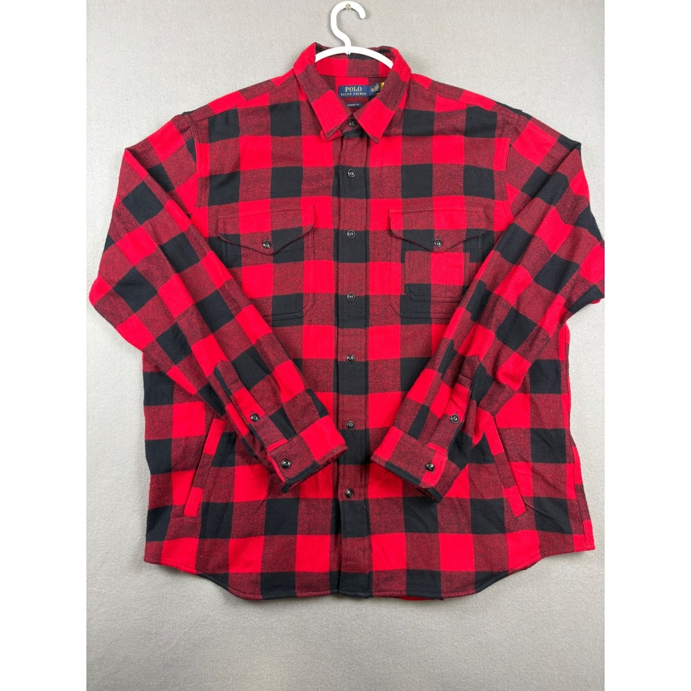 Polo Ralph Lauren Mens XXL Red Black Buffalo Plaid Cotton Flannel Shirt Jacket
